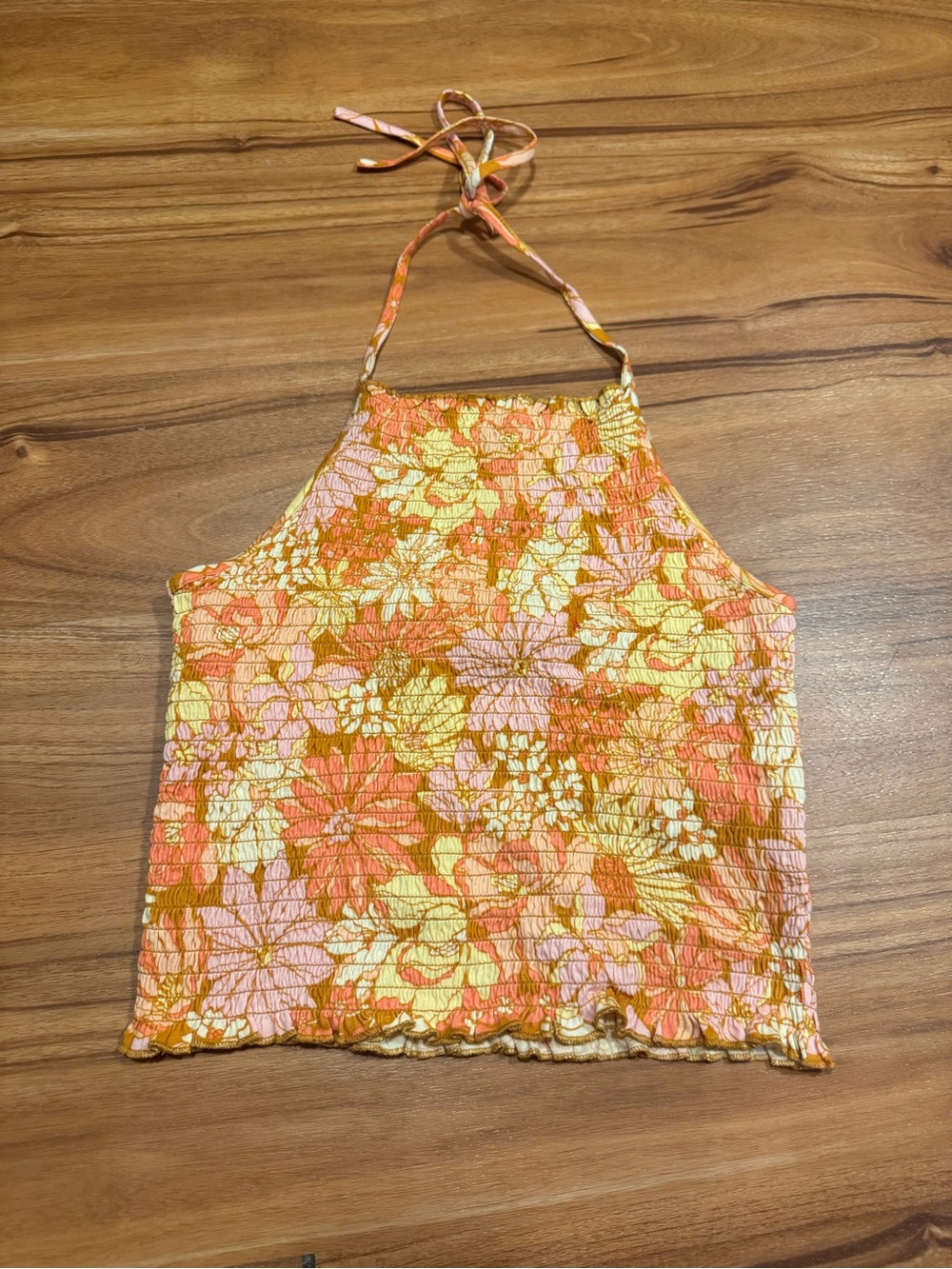 Billabong Floral Halter Smocked Crop Top in Orange, Yellow & Pink